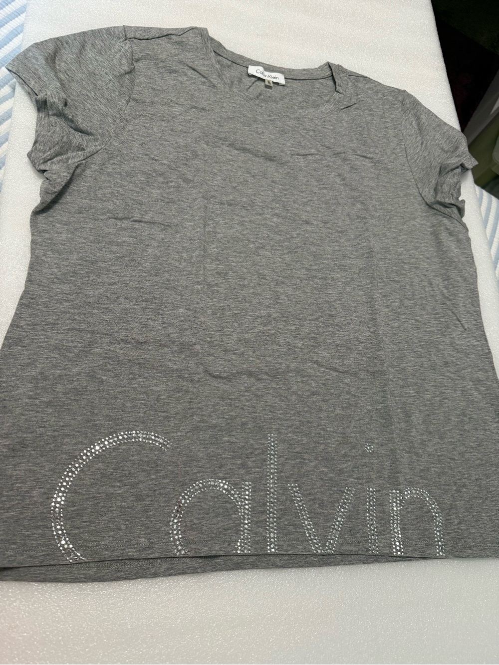 Calvin Klein Gray Rhinestone Logo Tee